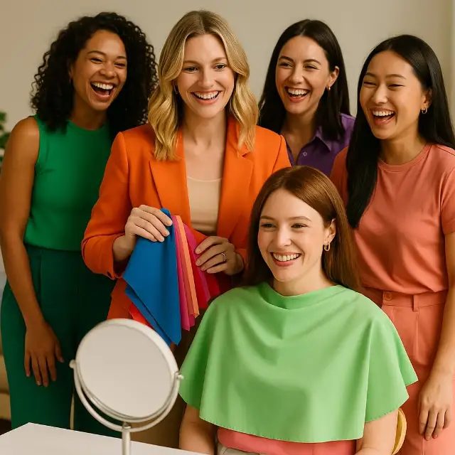 Friends laughing during a color party, draped in bright fabrics