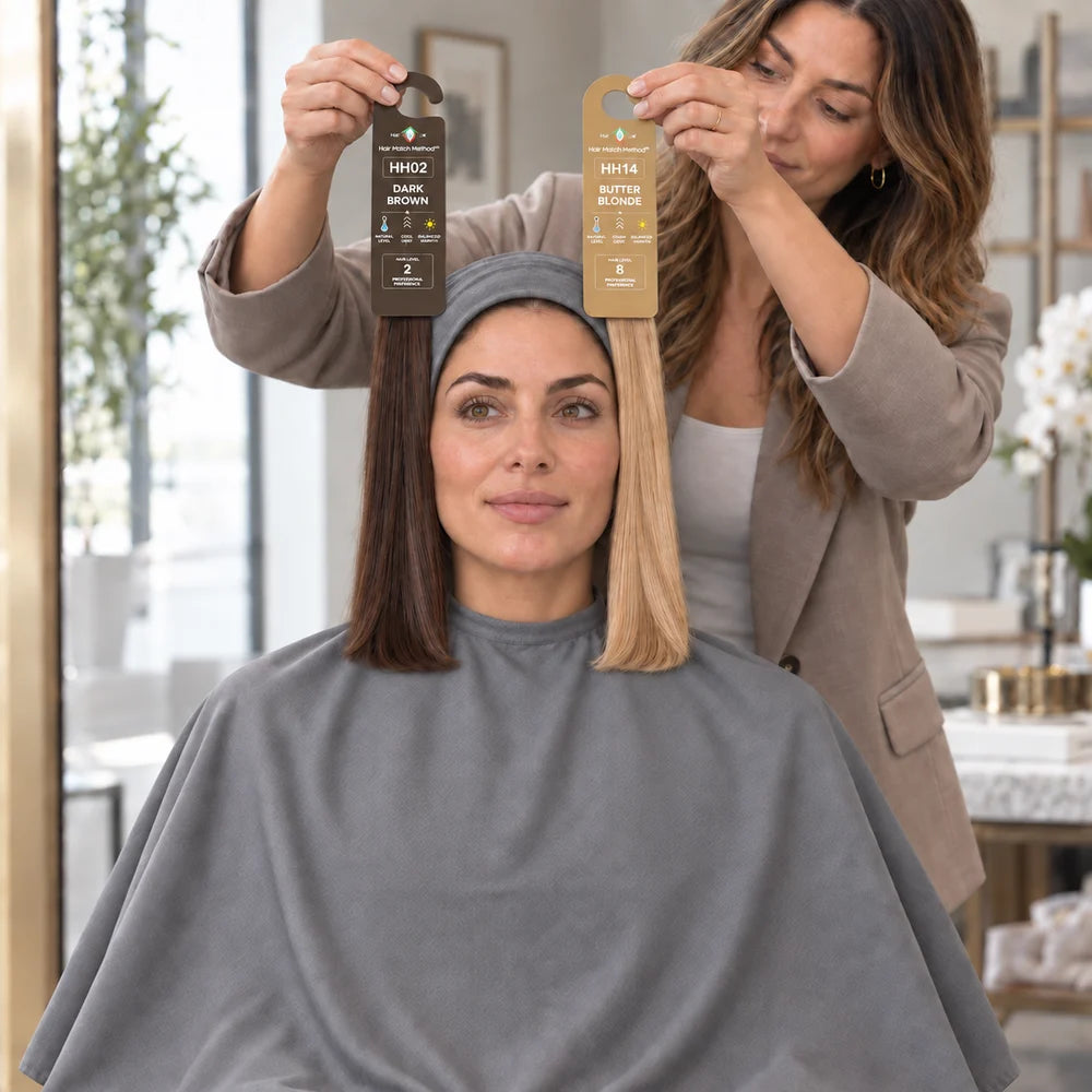 A consultant holds swatches HH02 Dark Brown and HH14 Butter Blonde on each side of her client’s face