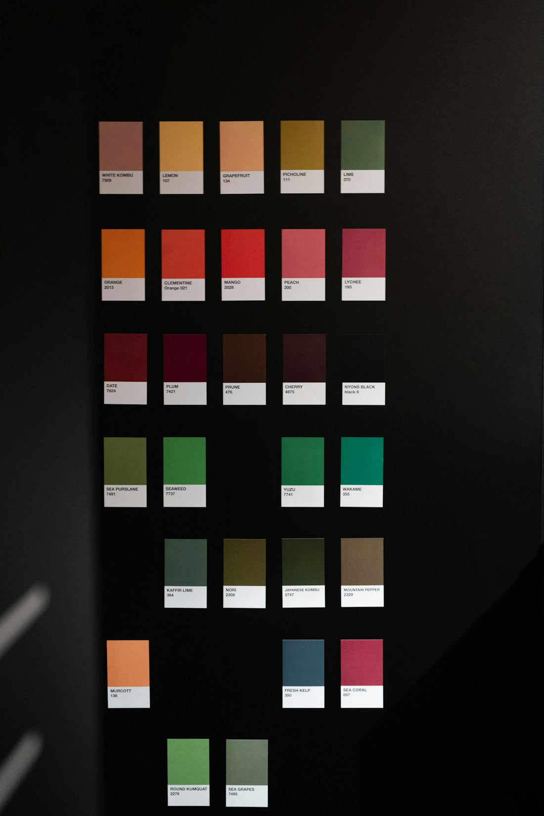 A black wall with a bunch of colors on it