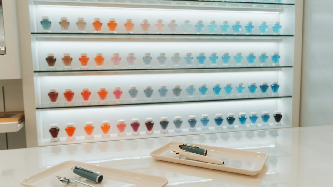 Rows of colorful vials displayed on shelves
