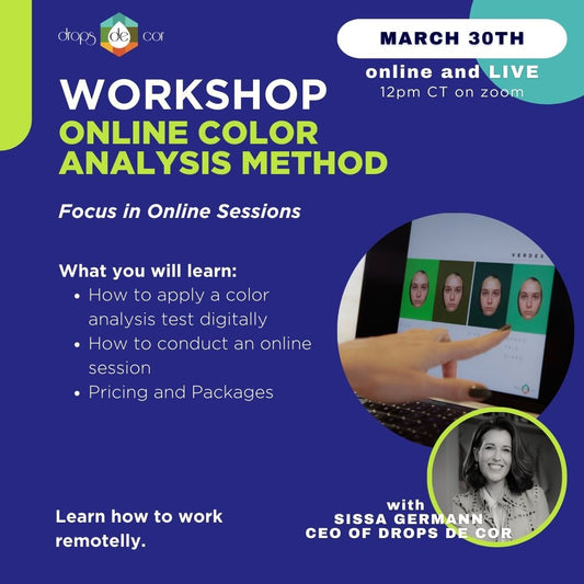 Live online workshop teaching how to apply the 12-season color analysis method digitally, including online sessions, pricing, and real client experience.