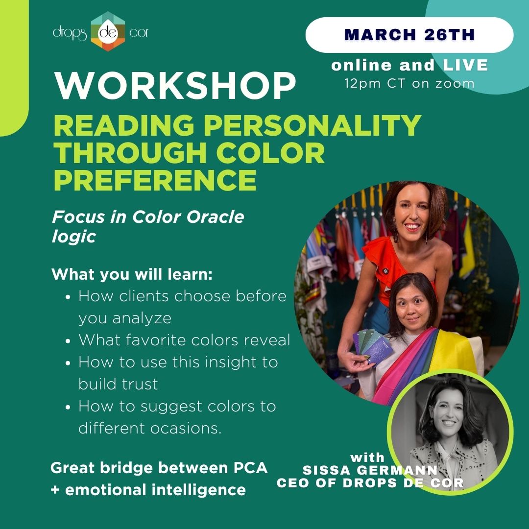 Live online workshop exploring how color preferences reveal personality and emotional cues, connecting color analysis with emotional intelligence for professionals.