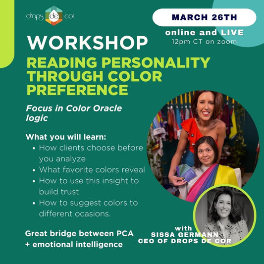 Live online workshop exploring how color preferences reveal personality and emotional cues, connecting color analysis with emotional intelligence for professionals.