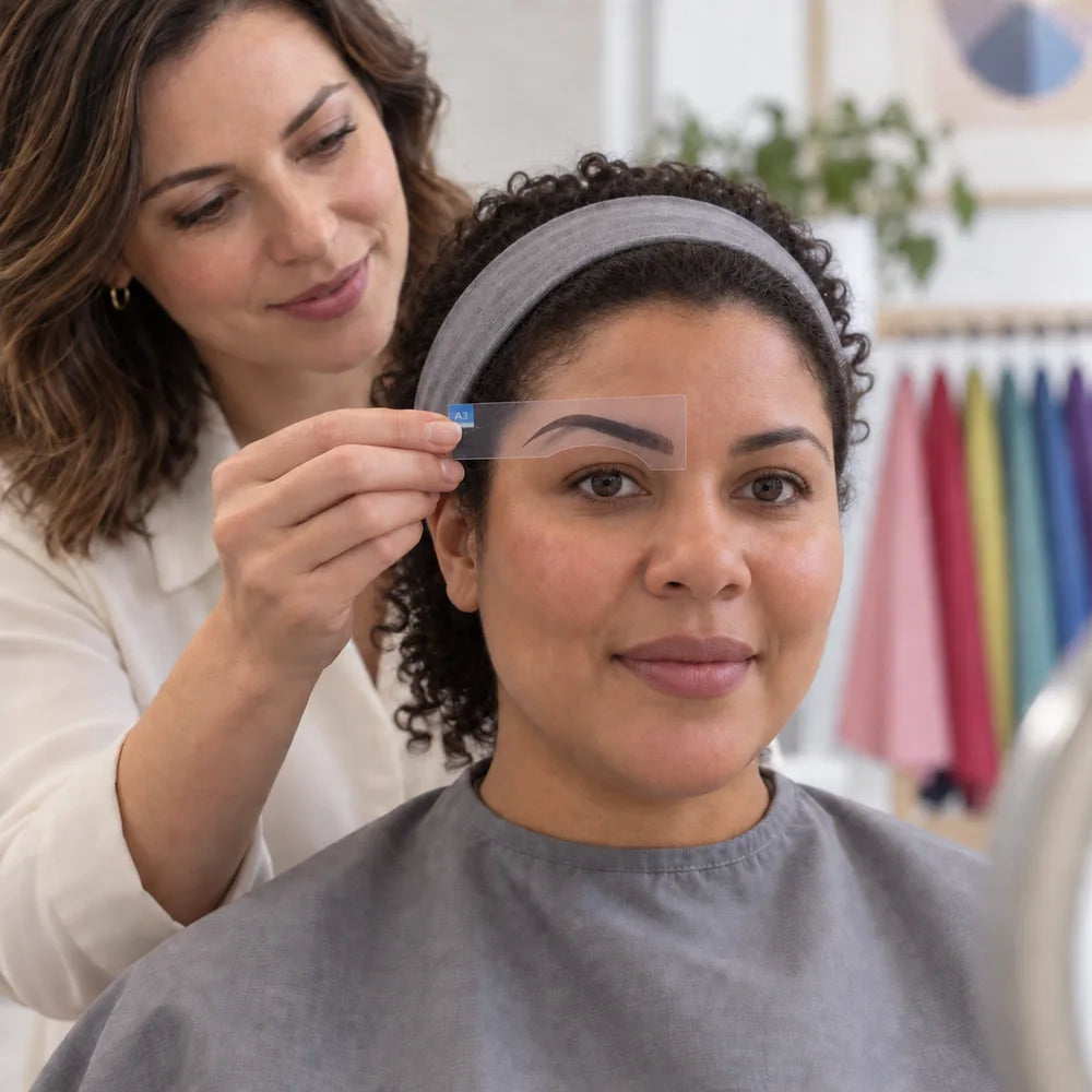 A consultant holds a transparent brow overlay over her client’s brow