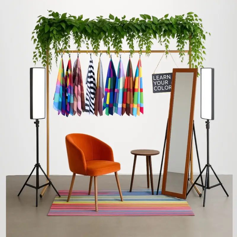 A Drops de Cor color booth: drapes on a rail, chair, mirror and lights