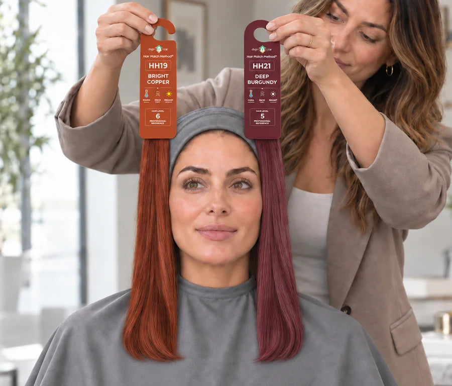 A consultant holds swatches HH19 Bright Copper and HH21 Deep Burgundy on each side of her client’s face