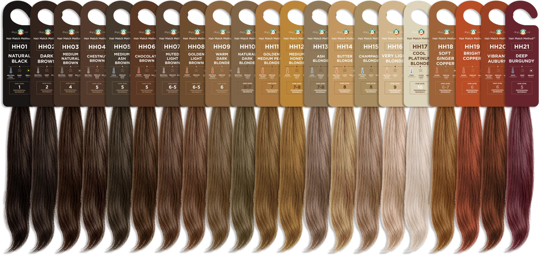 The 21 Hair Match swatches, HH01 Natural Black to HH21 Deep Burgundy, hanging side by side